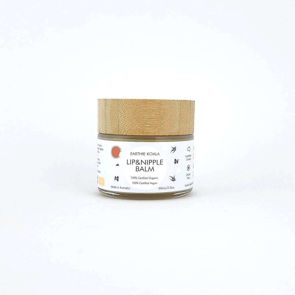 Lip & Nipple Balm - Earthie Koala in a glass jar with a bamboo lid, organic and vegan skincare for soothing delicate skin.