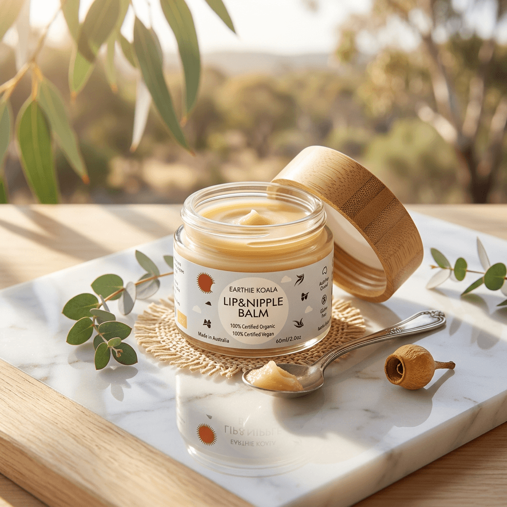 Earthie Koala Lip & Nipple Balm in a jar on a wooden surface with natural elements around.