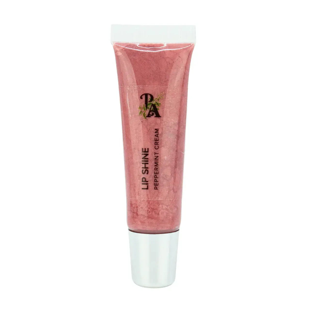Lip shine cream tube with pink shade on a white background