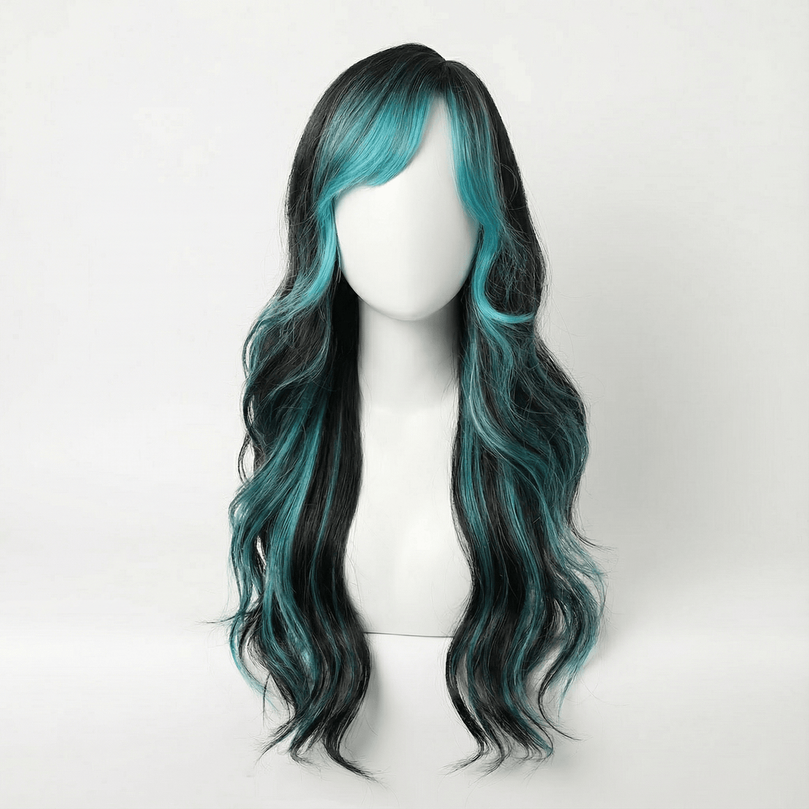 Long black wig with teal highlights featuring soft waves and a stylish middle part.