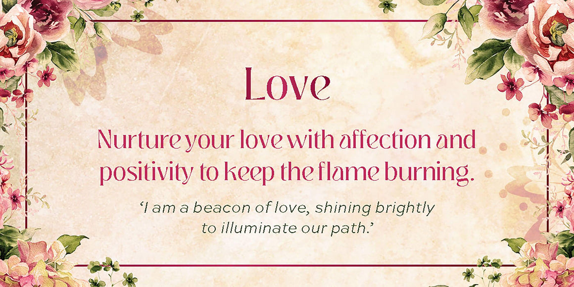 Decorative card with floral elements and motivational quote about love and positivity.