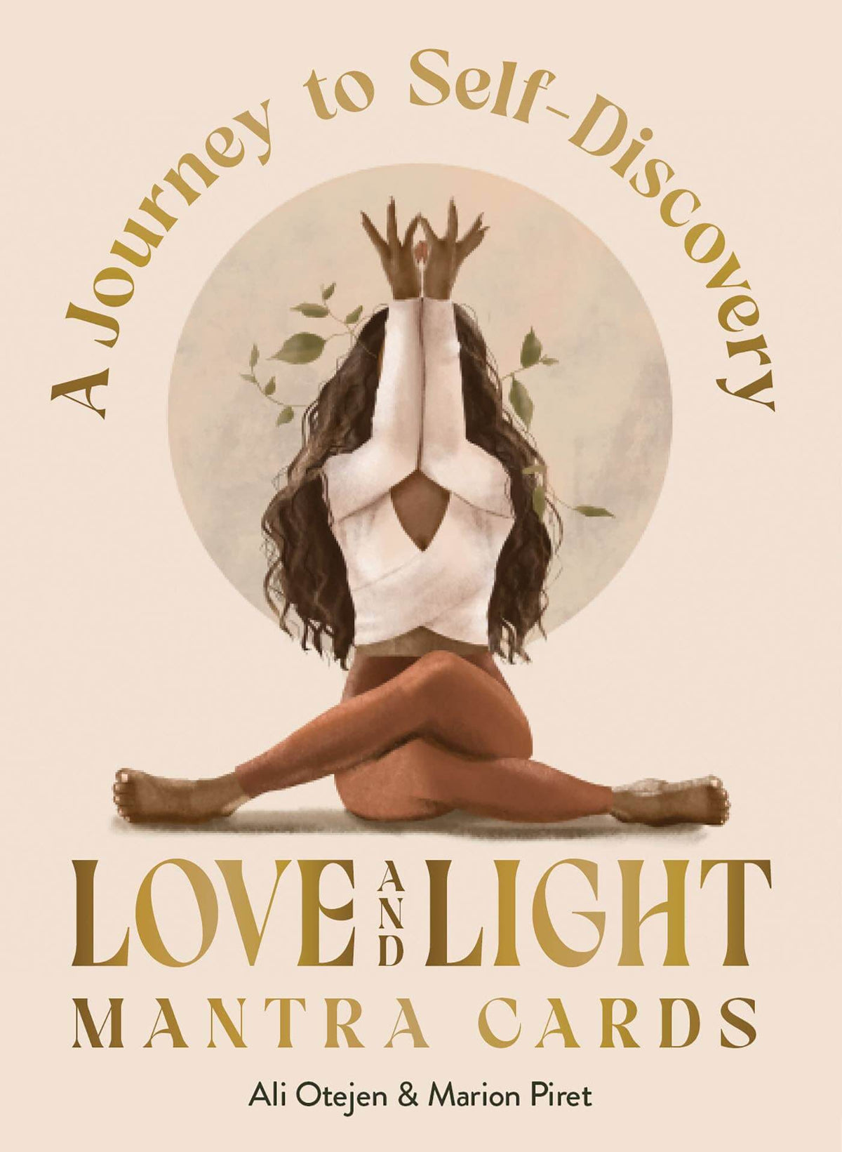 Book cover of 'Love and Light Mantra Cards' with a woman in a yoga pose and nature elements.