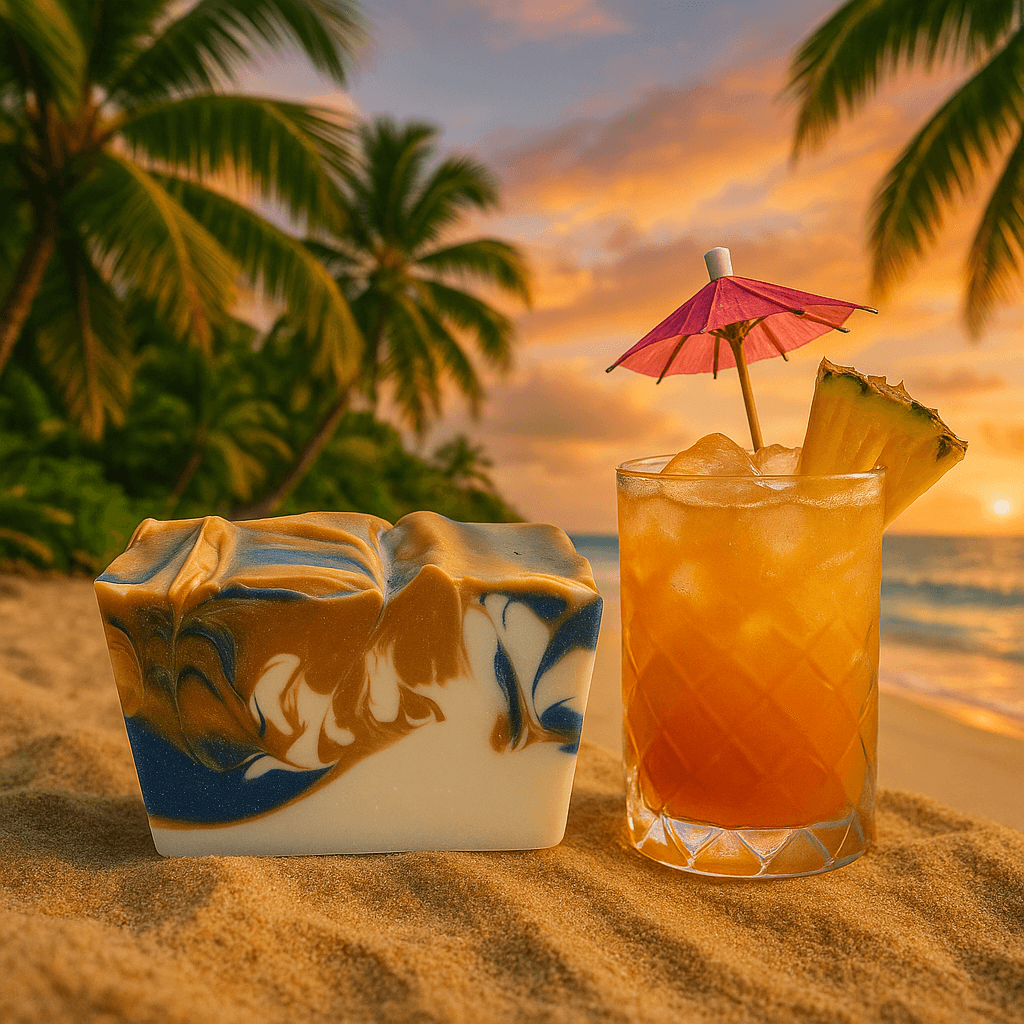 Mai Tai Soap Bar - Soap Boutique displayed on a beach, showcasing vibrant colors and tropical inspiration.