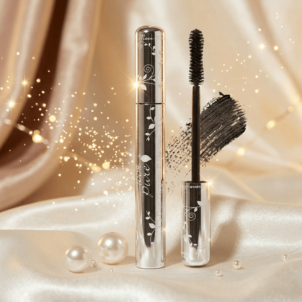 Mascara with brush on a luxurious fabric background