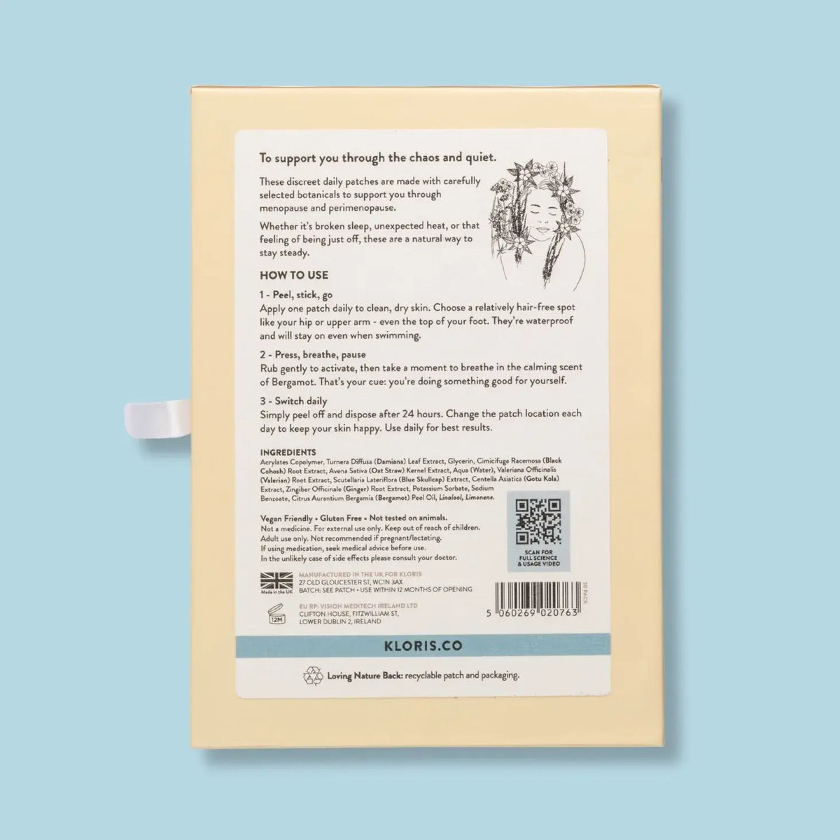 Back of a Kloris Co product packaging with text and QR code on a light blue background