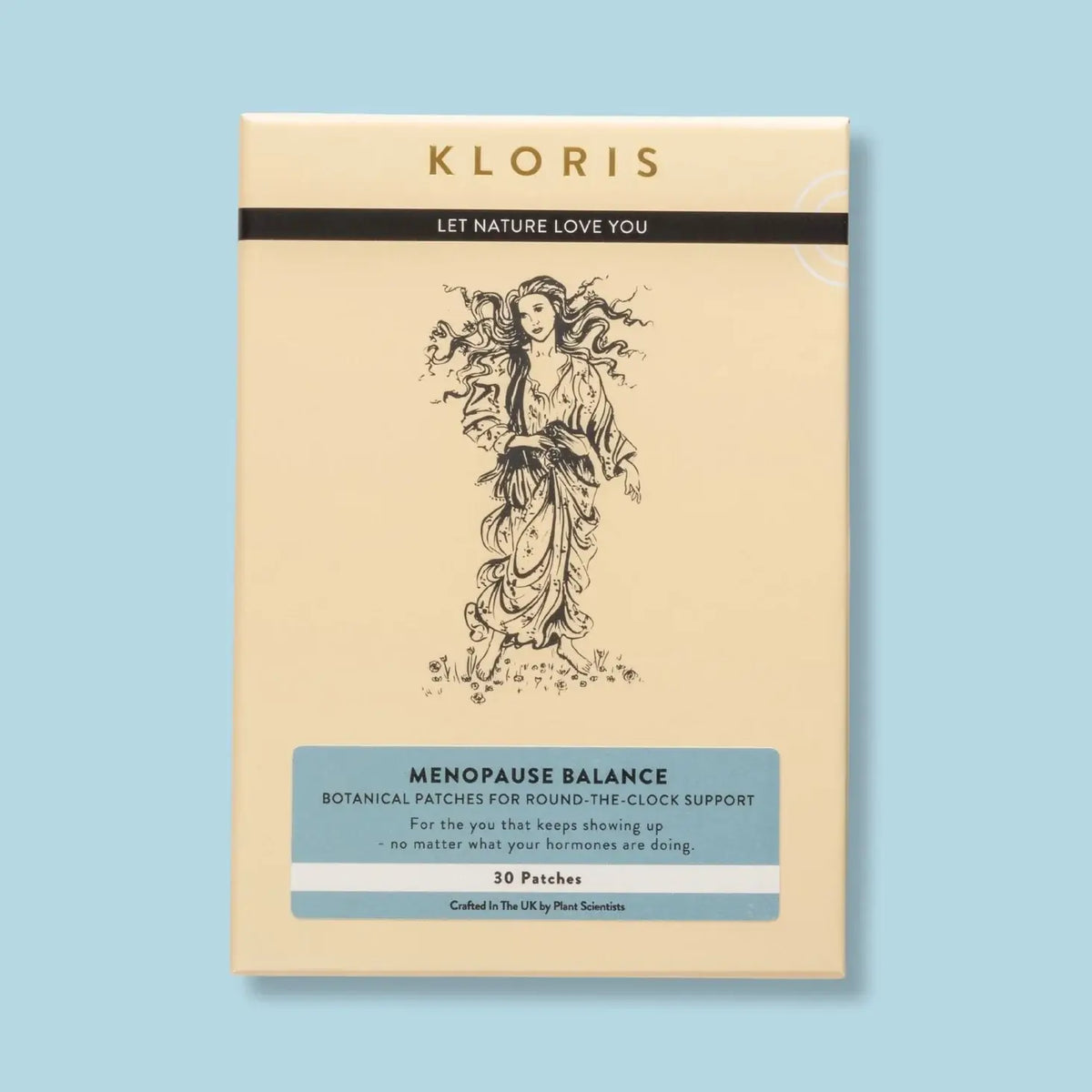 Kloris menopause balance botanical patches packaging on a light blue background