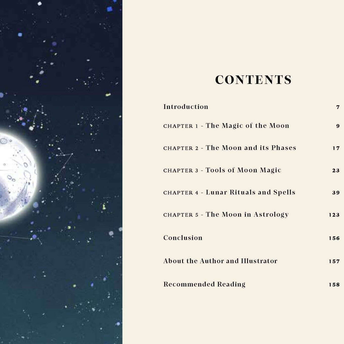 Book page with celestial illustration of a moon and starry night sky on one side, and table of contents on the other.