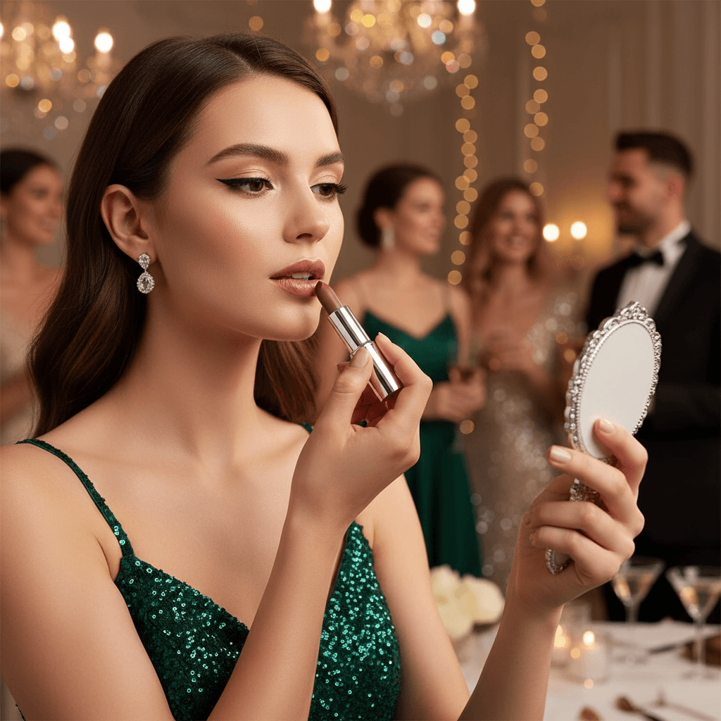 Woman applying lipstick in a formal setting with blurred people in the background