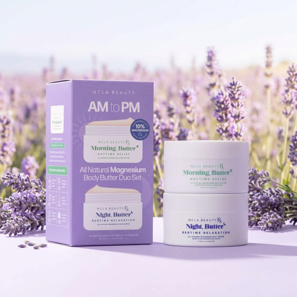 NCLA Beauty AM to PM magnesium body butter duo set with lavender in the background