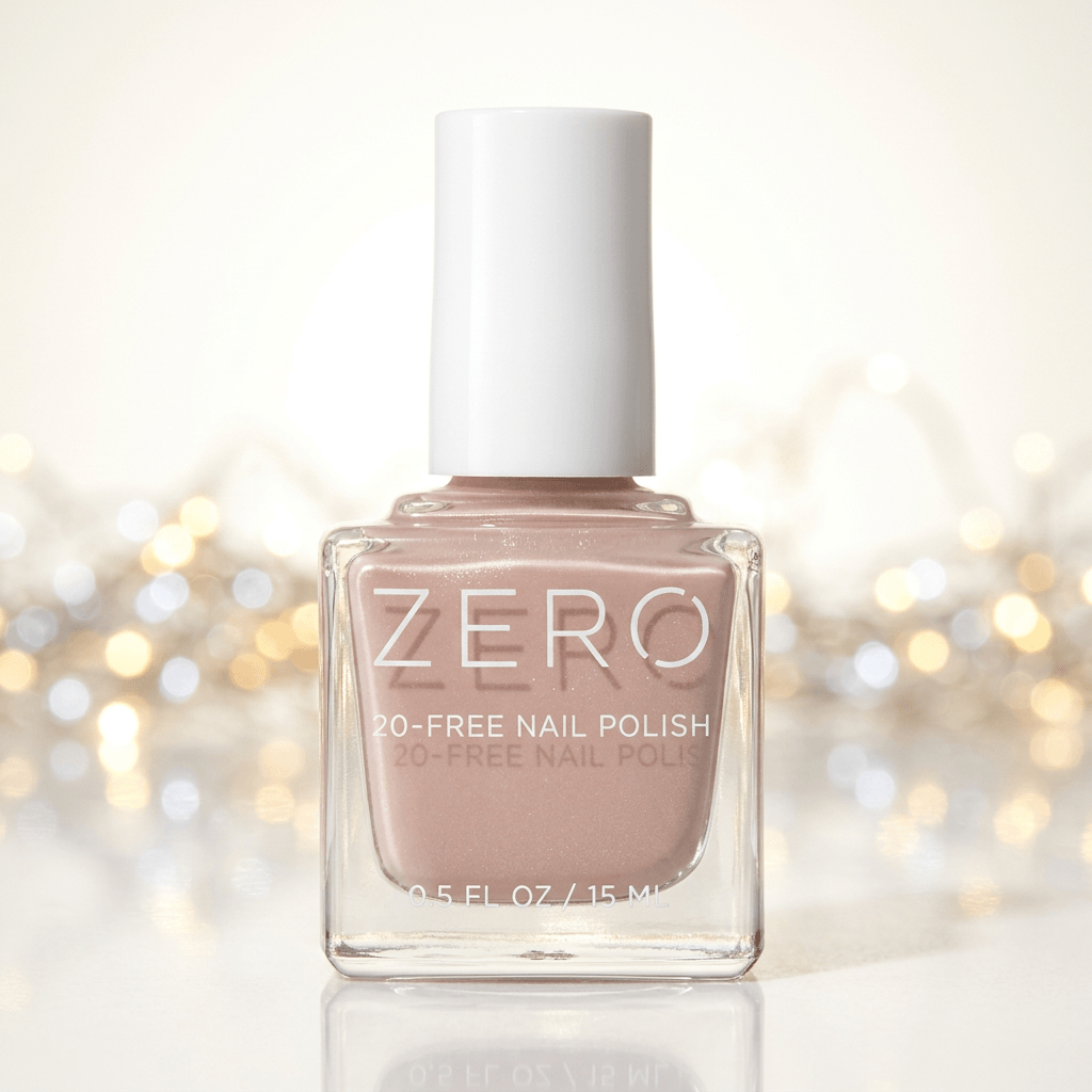 Nail polish bottle labeled 'ZERO' with a soft focus background