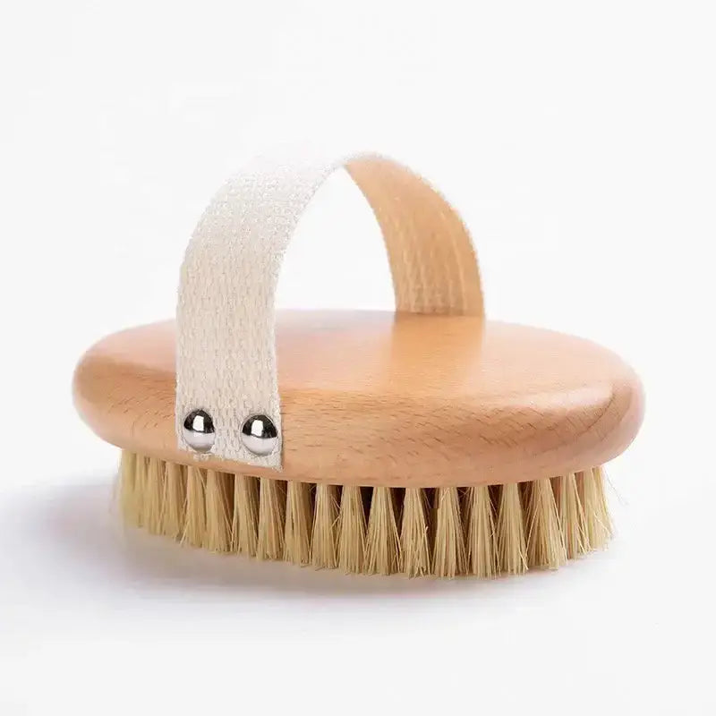 Sisal Bristle Body Brush with wooden handle for effective dry brushing, perfect for self-care routines.