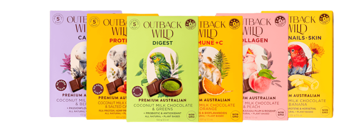 Row of Outback Wild product packages on a white background