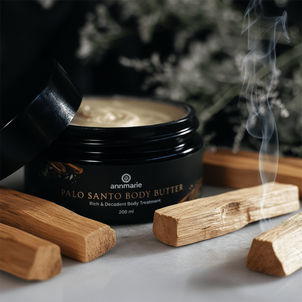 Palo Santo body butter jar with burning sticks and smoke on a dark background