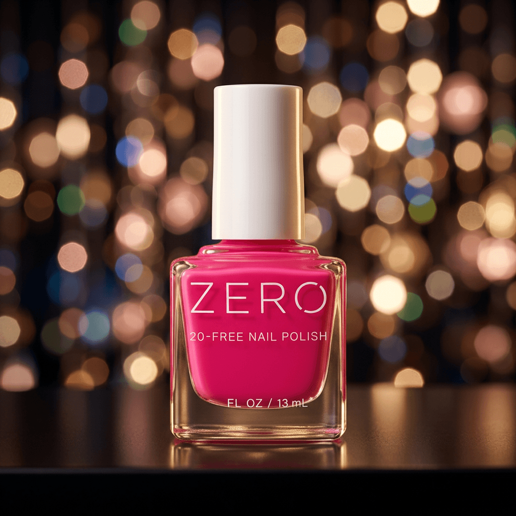 Pink nail polish bottle labeled 'ZERO' with a blurred bokeh background
