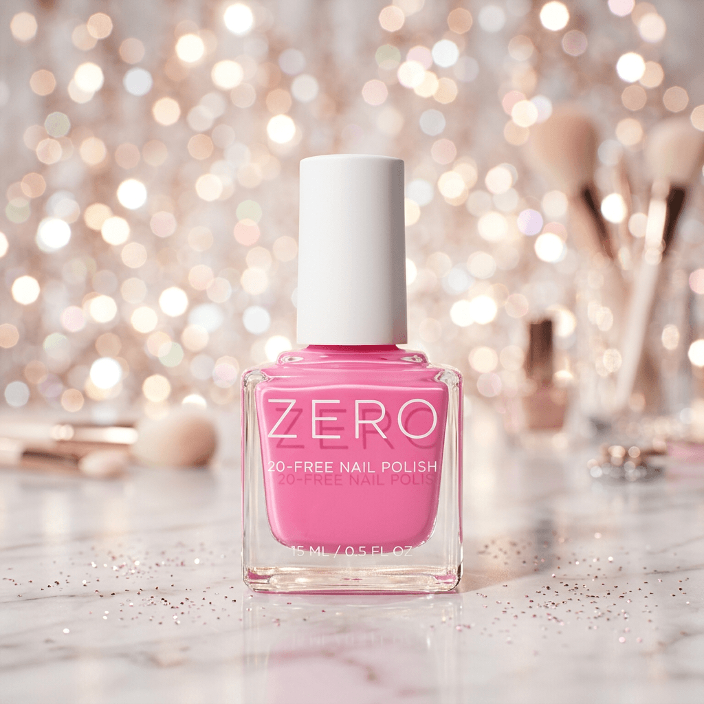 Pink nail polish bottle labeled 'ZERO' on a blurred glittery background