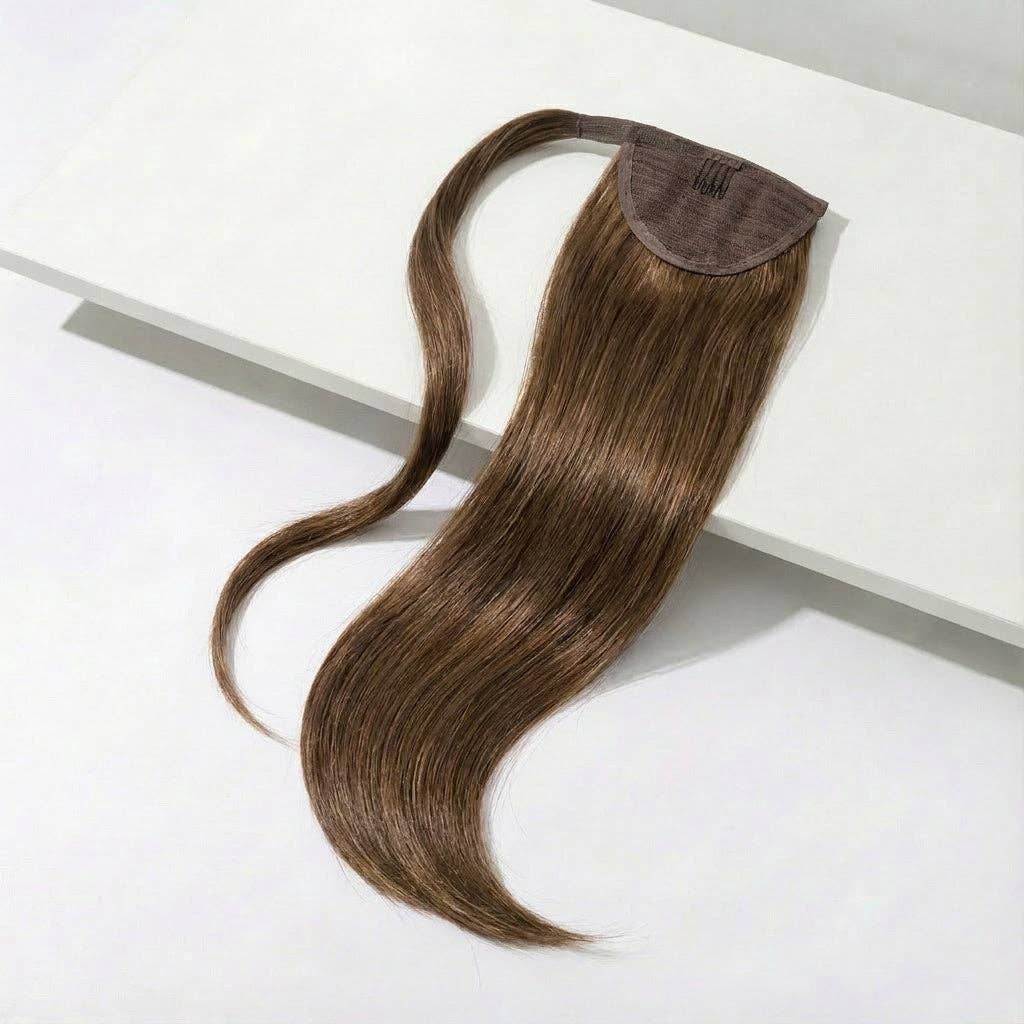 Ponytail Hair Extension in Silky Straight Auburn Brown, 20 inches long, ideal for added length and volume.