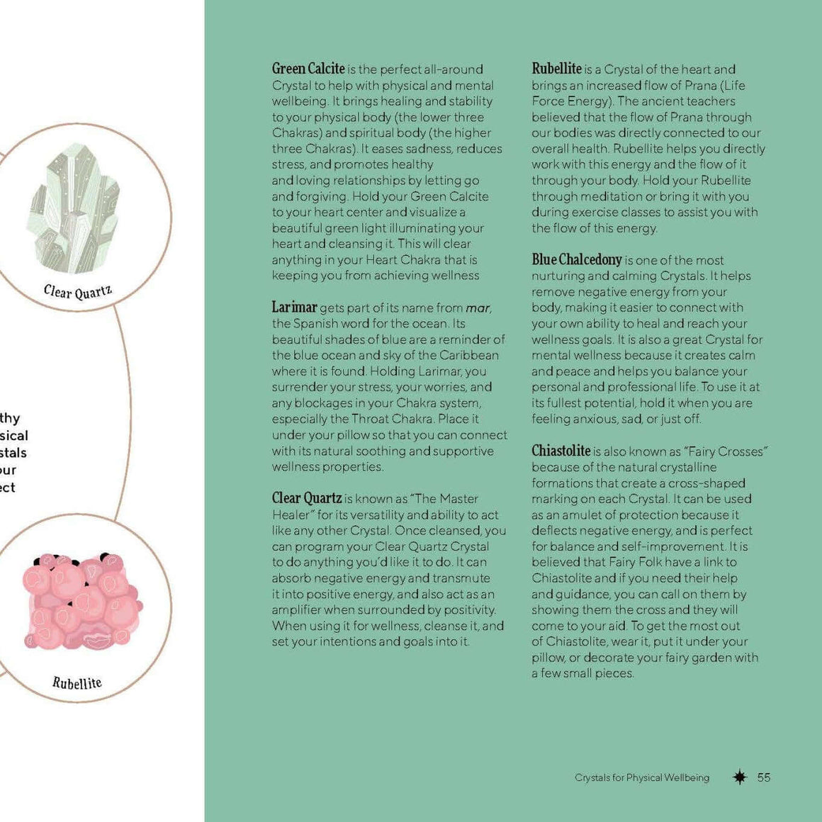 Page from a book or magazine about crystals for wellness with images and text.