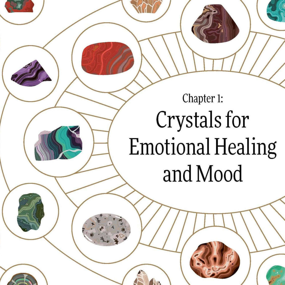 Cover of a book titled 'Crystals for Emotional Healing and Mood' with images of various crystals.
