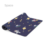 Space-themed yoga mat with astronauts, planets, and stars on a white background