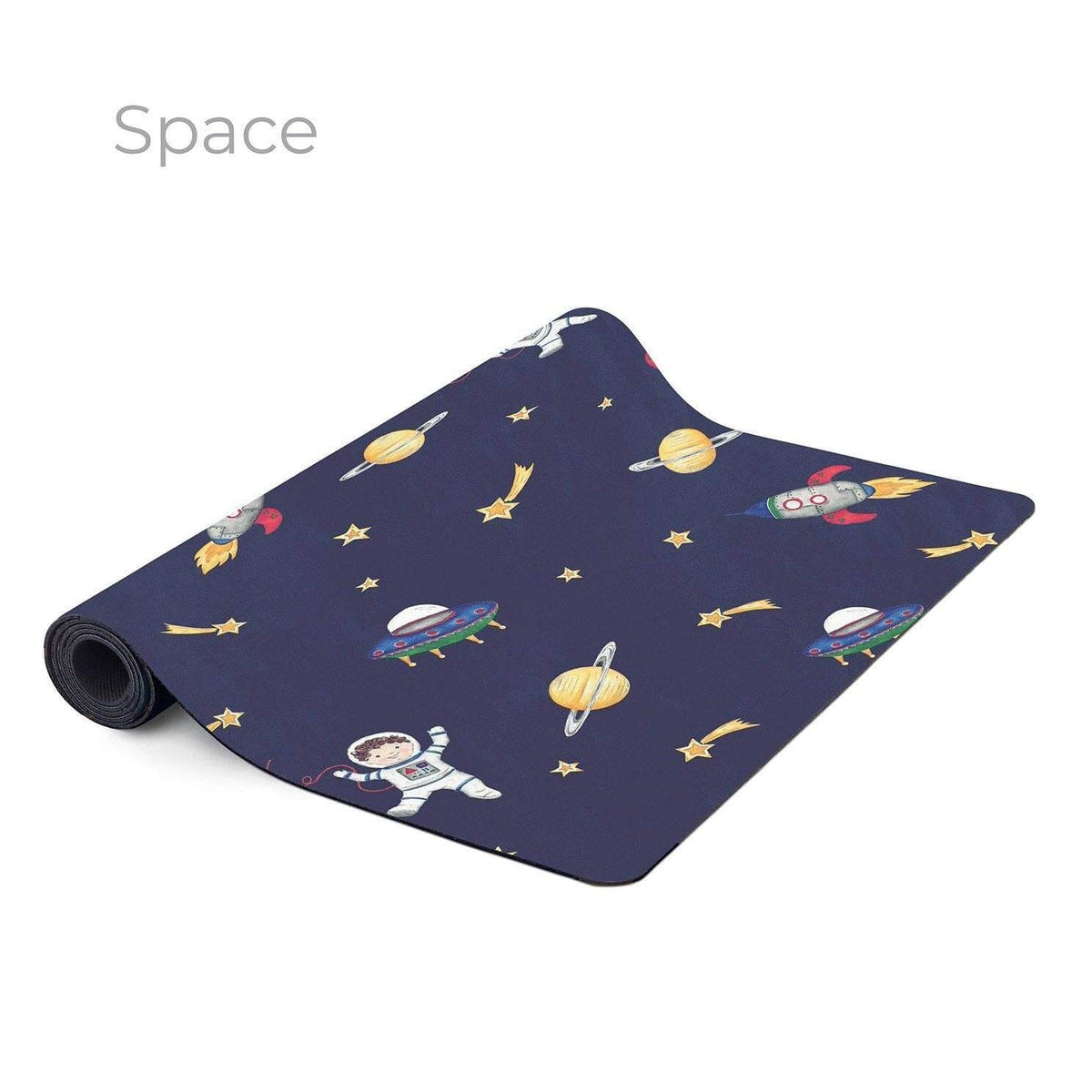 Space-themed yoga mat with astronauts, planets, and stars on a white background