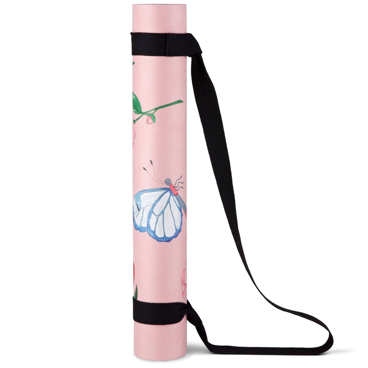 Pink yoga mat with butterfly design and black strap on a white background