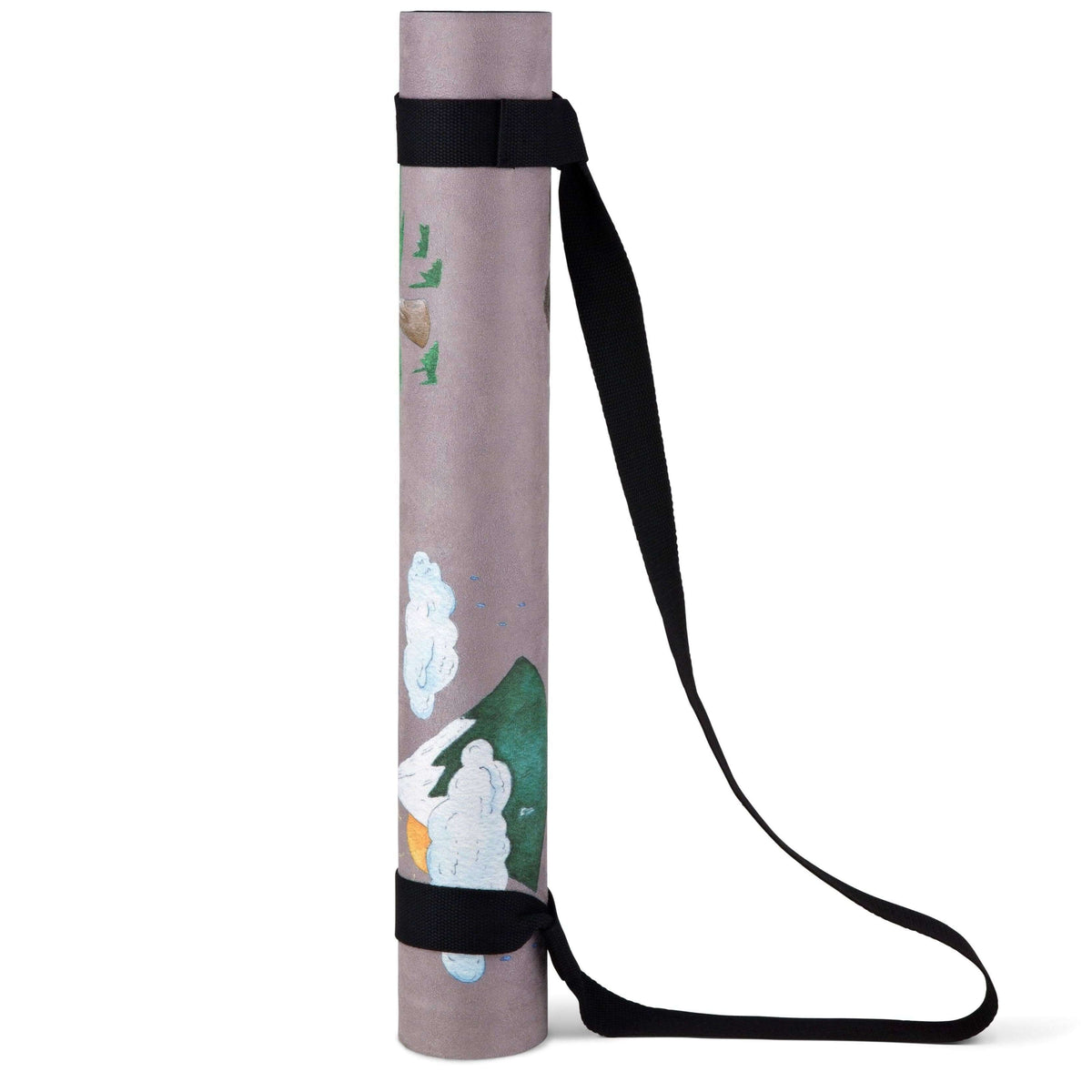 Yoga mat with a black strap on a white background
