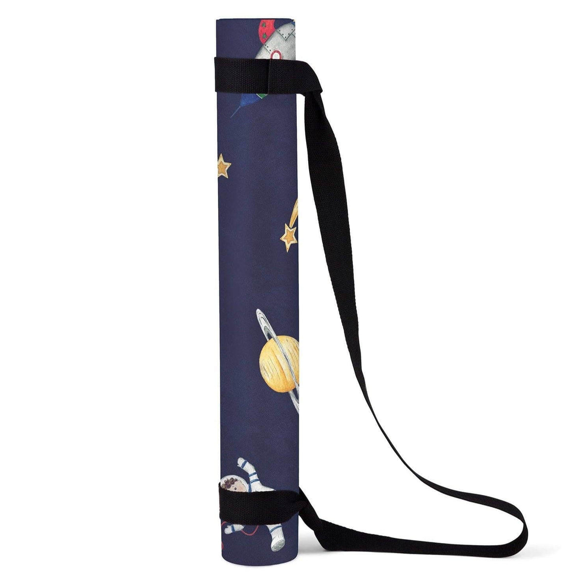 Yoga mat with space-themed design and black strap on a white background