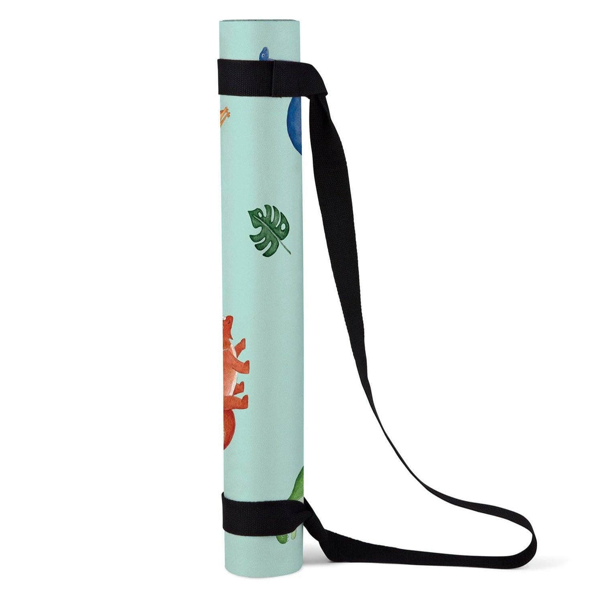 Yoga mat with tropical leaf design and carrying strap on a white background
