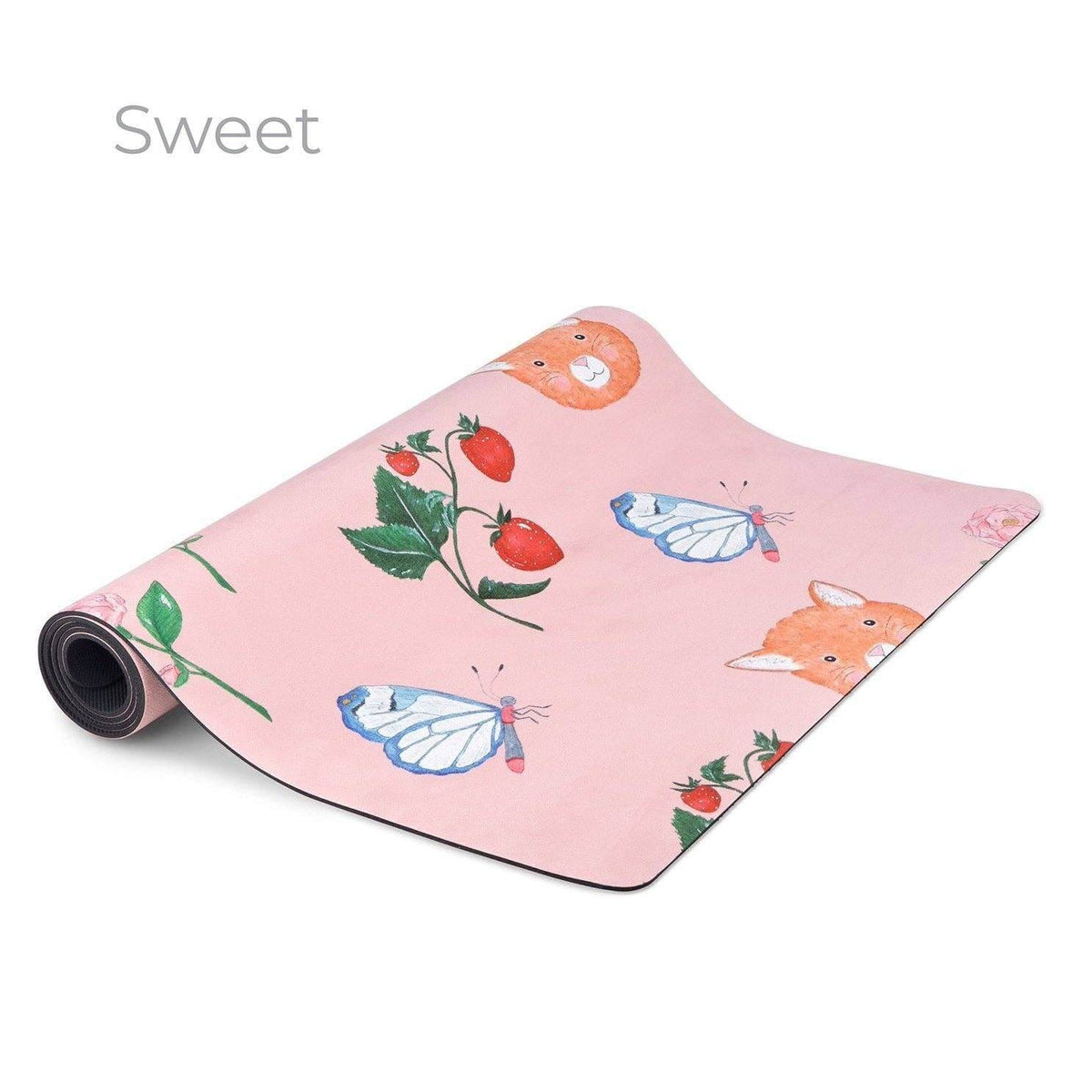 Pink yoga mat with fox and butterfly design on a white background