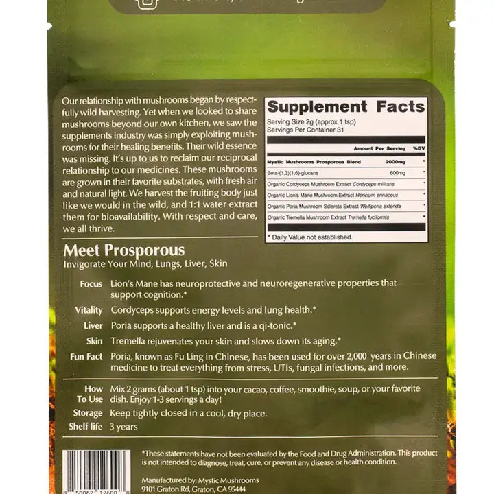 Prosporous Organic Cordyceps, Lion’s Mane, Poria & Tremella 63g - ORA Cacao