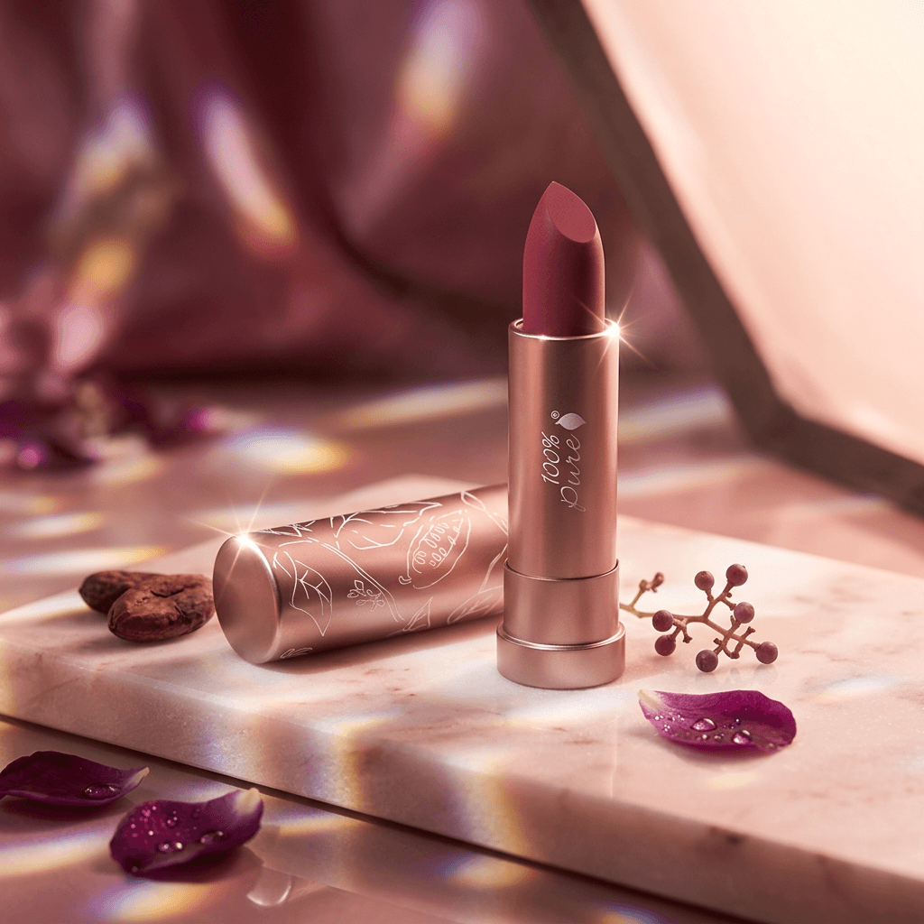 Lipstick with rose gold casing on a marble surface with decorative elements