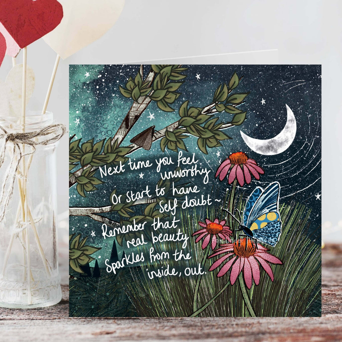 Real Beauty - Greeting Card featuring a whimsical design with flowers, a butterfly, and a heartfelt message.