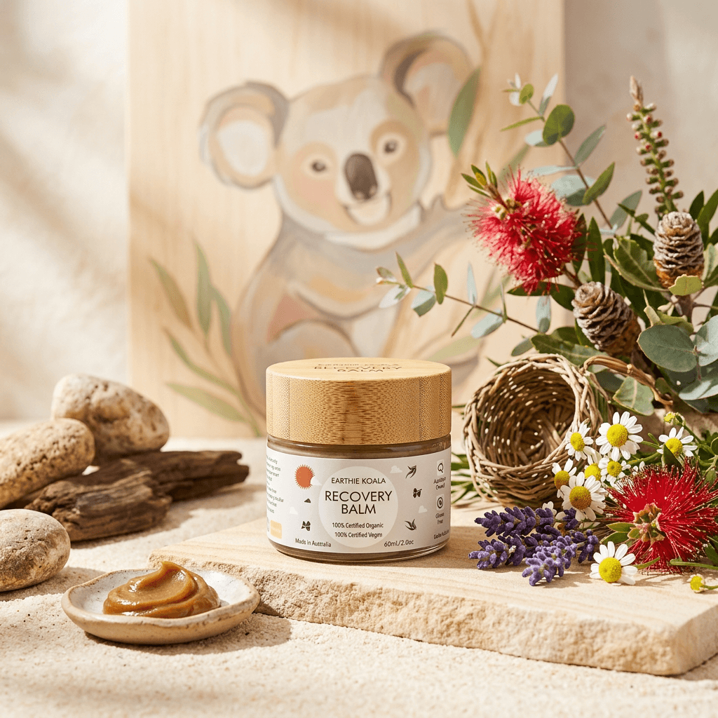 Recovery Balm 60ml - Earthie Koala on wooden surface surrounded by natural elements and flowers.