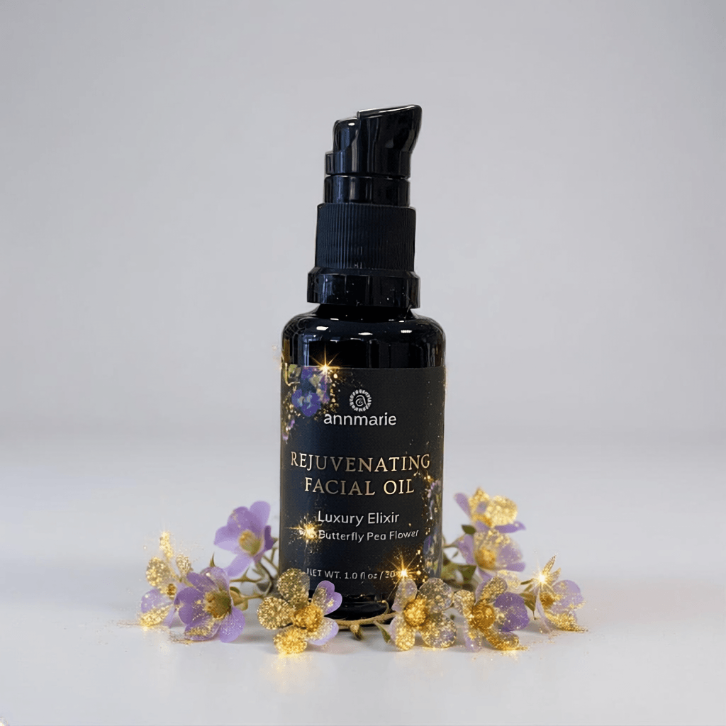 Black facial oil bottle with decorative flowers on a light gray background