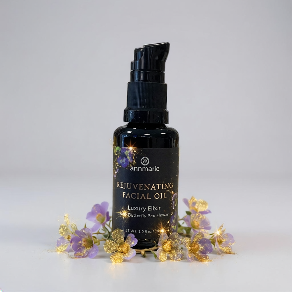 Black facial oil bottle with decorative flowers on a light gray background