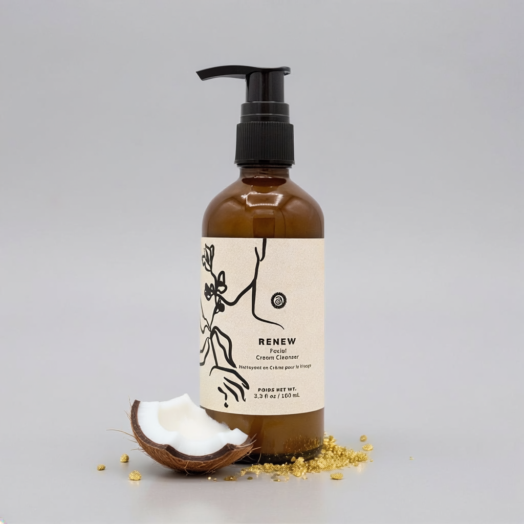 Brown bottle with pump and 'RENEW' label on a gray background with coconut pieces.