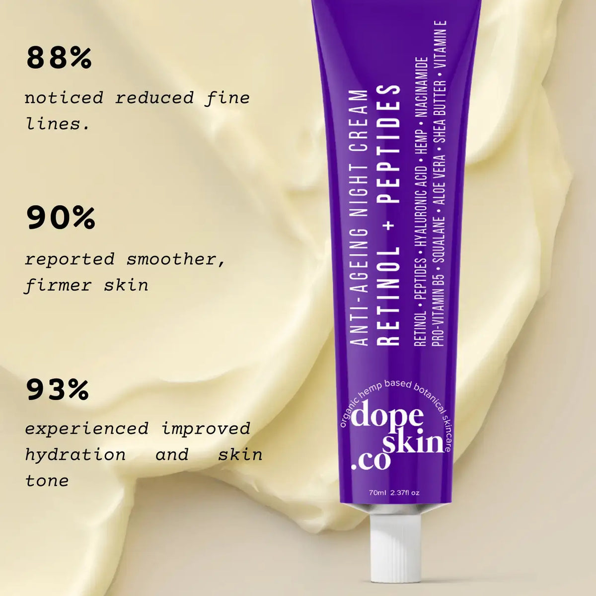Purple tube of Dope Skin Co. anti-aging night cream with skincare benefits text on a beige background