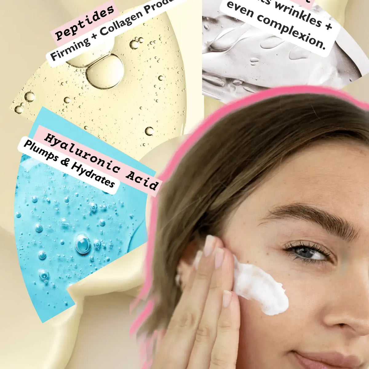 Woman applying cream to her face with skincare product images and text overlay on a beige background.