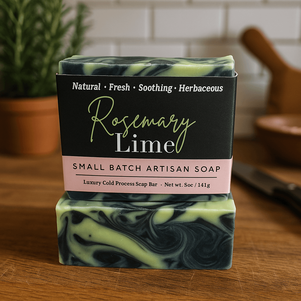 Rosemary Lime Soap Bar - Soap Boutique, handcrafted soap with charcoal black and lime green swirls, 5 oz artisan bar.