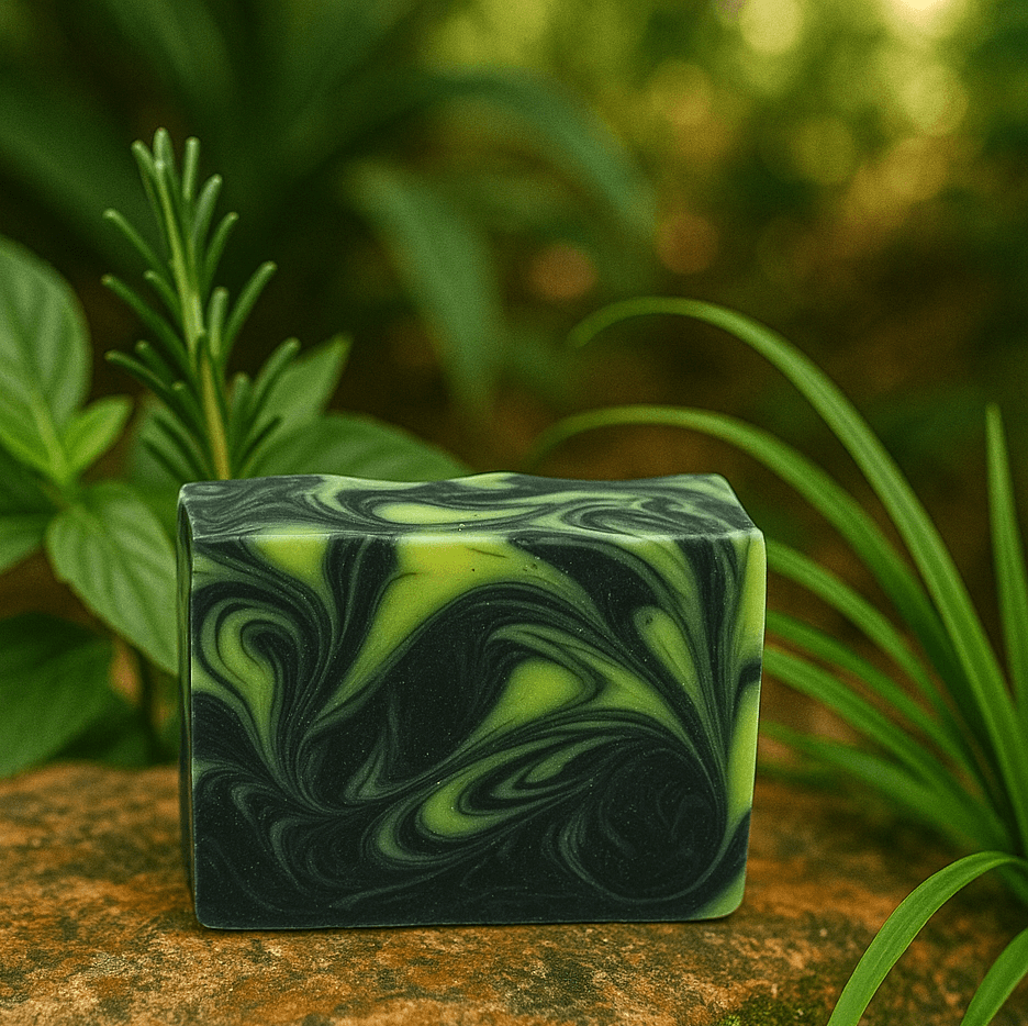 Rosemary Lime Soap Bar - Soap Boutique with black and lime green swirls on a natural stone background.