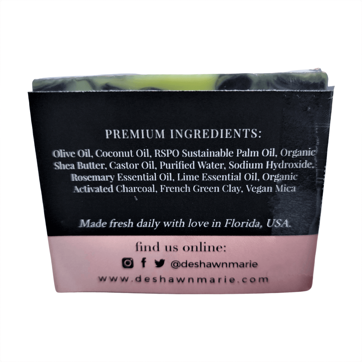 Rosemary Lime Soap Bar - Soap Boutique ingredients list featuring olive oil, coconut oil, and rosemary essential oil.
