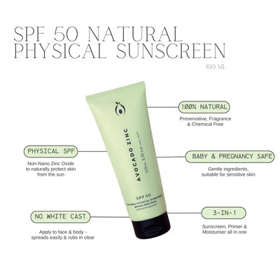 SPF 50 Natural Physical Sunscreen - Avocado Zinc information