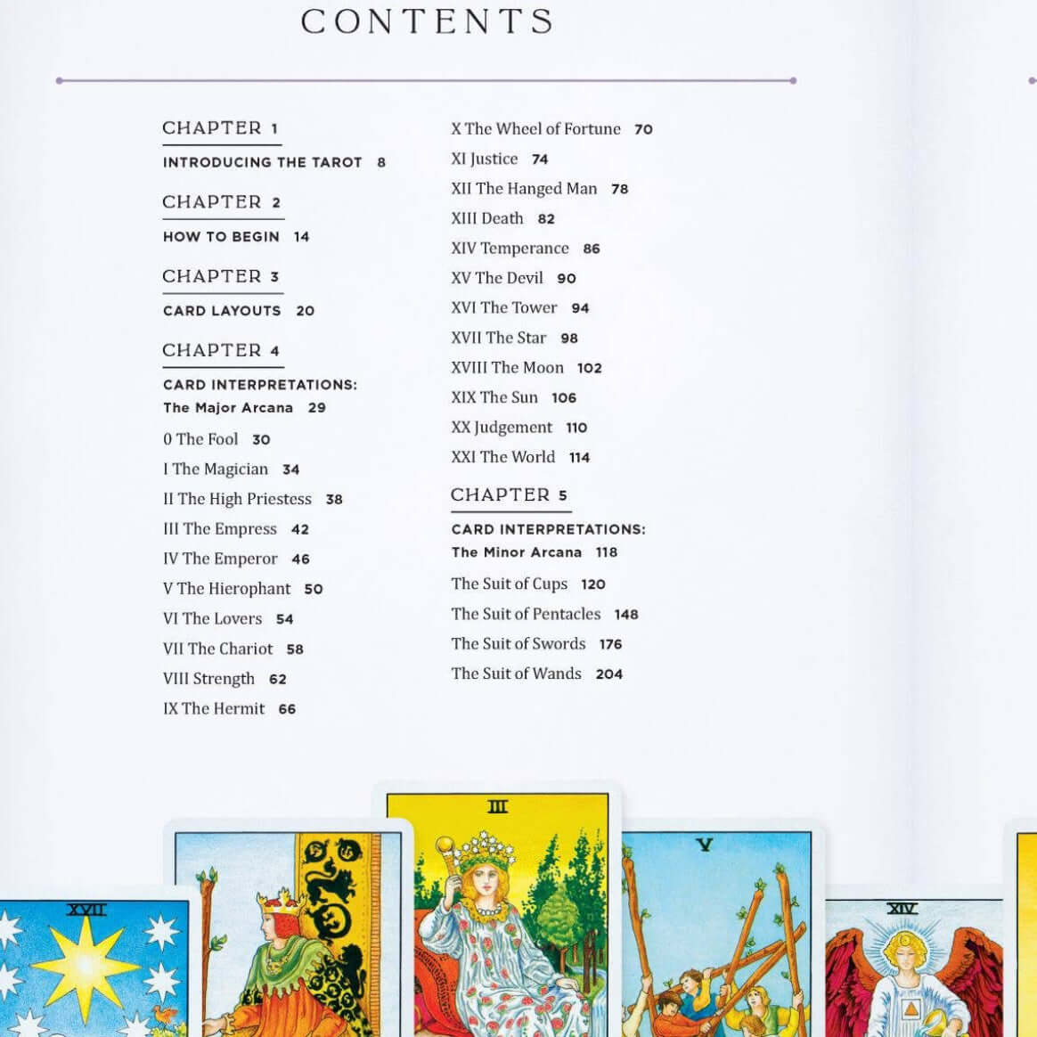 Table of contents for a book or guide with tarot card illustrations at the bottom.