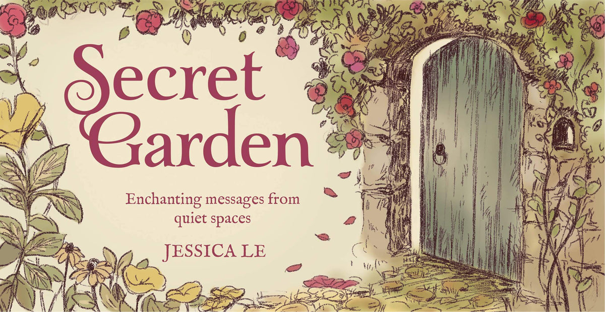 Illustration of the Secret Garden Oracle Card Deck cover featuring a door hidden among flowers, inviting reflection and wonder.