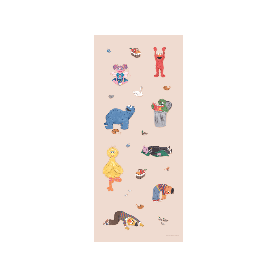 Set of colorful Sesame Street character stickers on a beige background