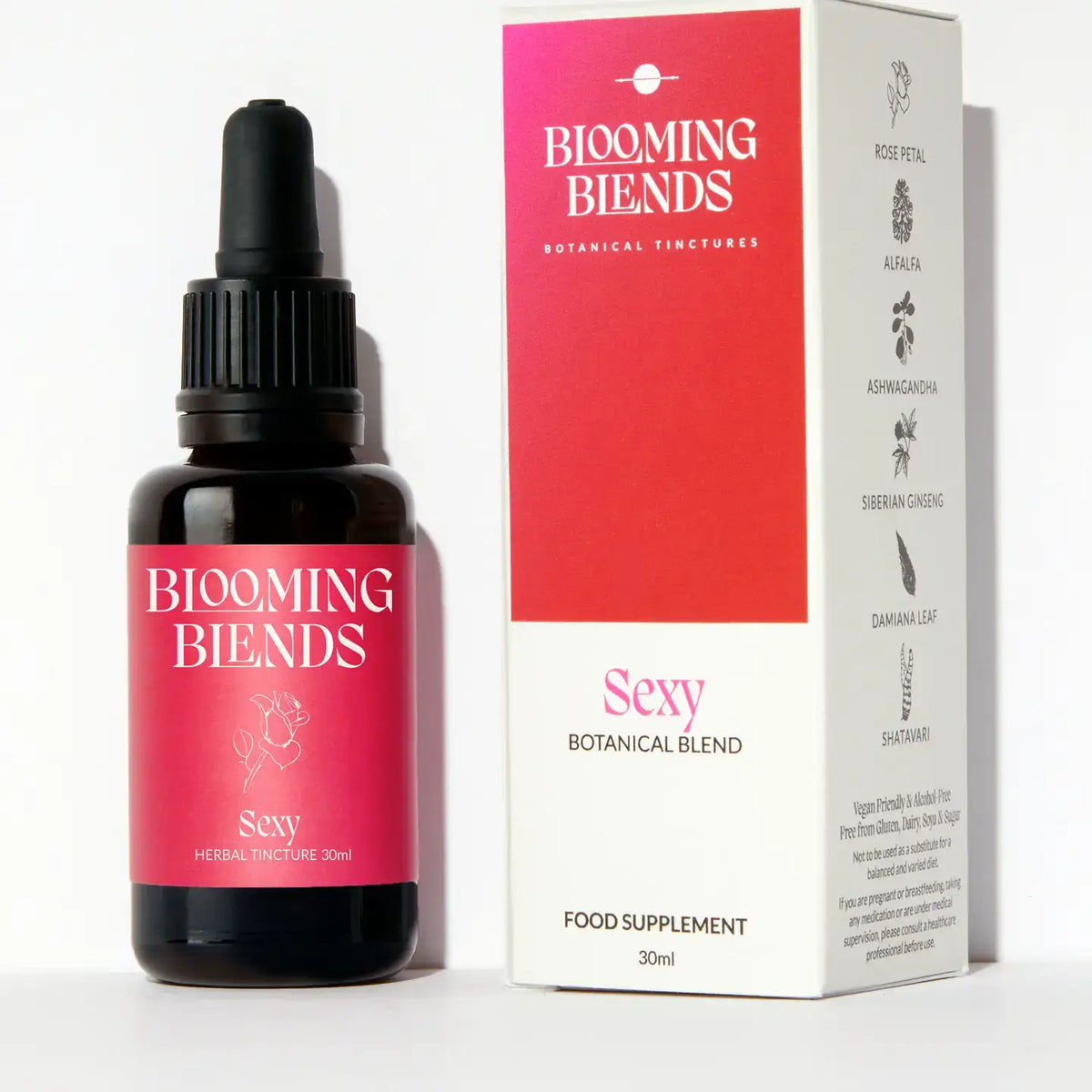 Sexy Herbal Tincture 30ml by Blooming Blends, an alcohol-free herbal tincture for sensual confidence and vitality.