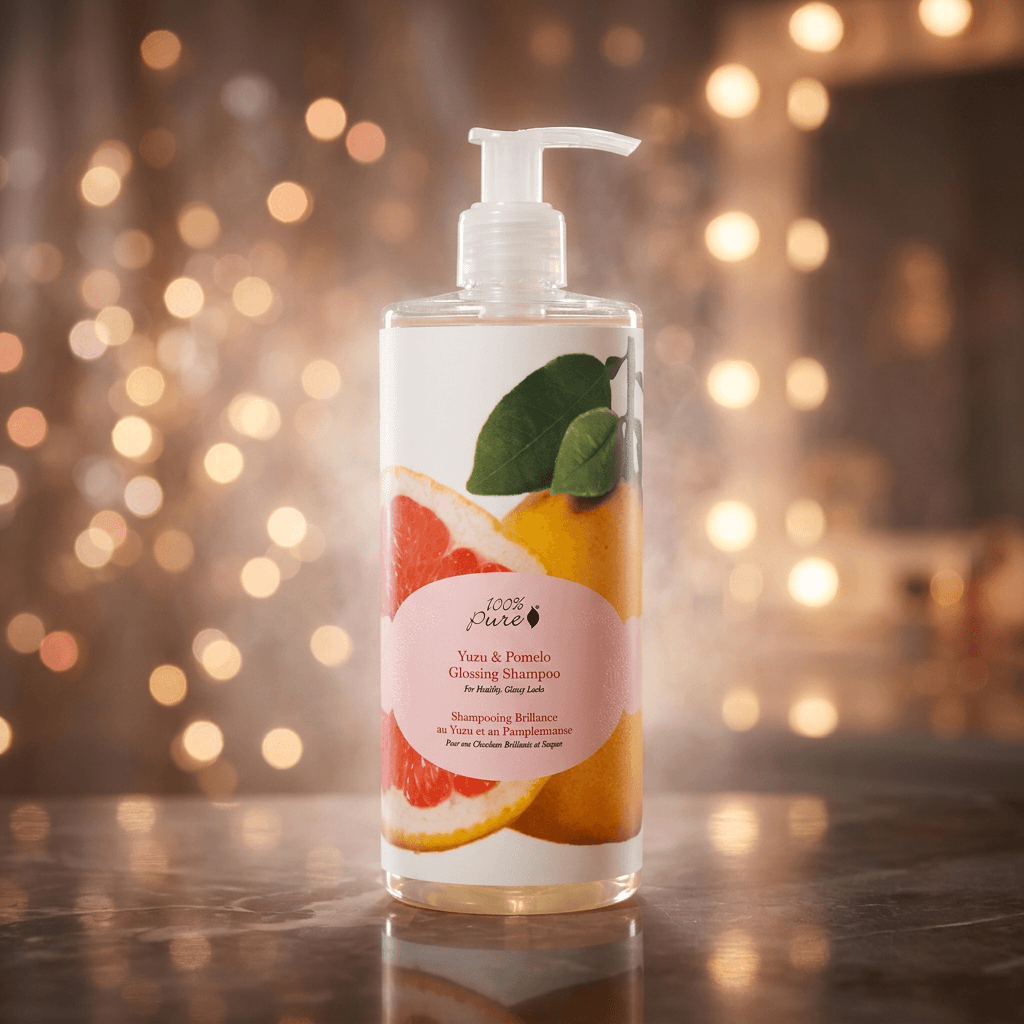 Shampoo bottle with a fruit-themed label on a wooden surface with a blurred light background