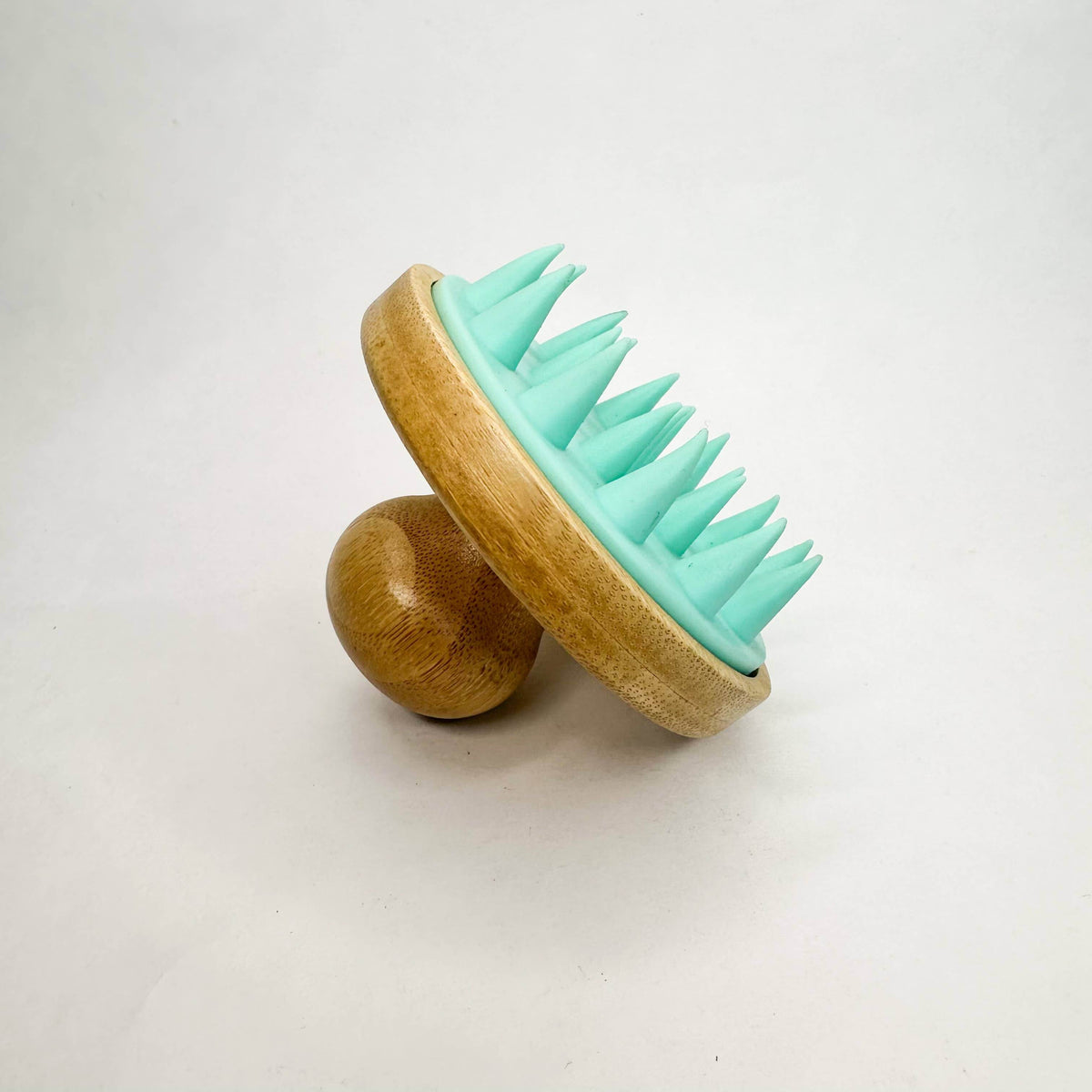 Pet grooming brush with wooden handle and teal silicone bristles on a white background