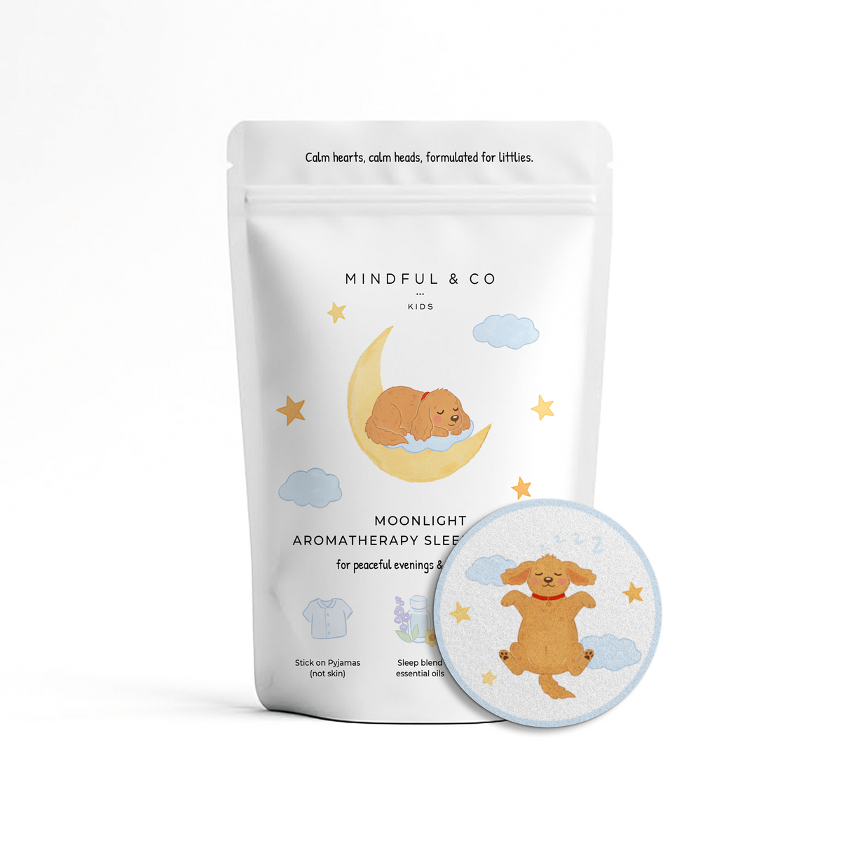 Moonlight Aromatherapy Sleep Stickers for kids package with cute dog illustration promoting relaxation.