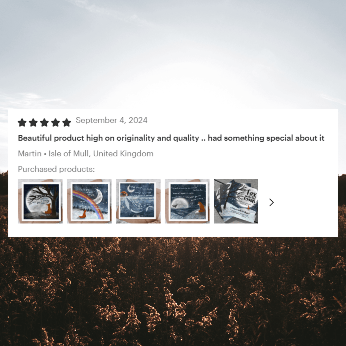 Product reviews with images of items on a scenic background